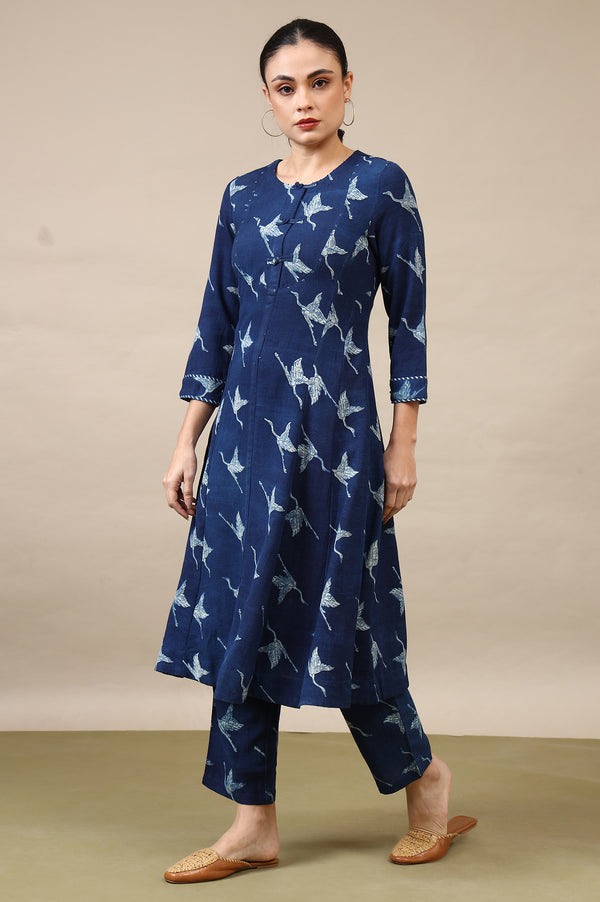 Indigo Handblock Printed Kurta and Straight Pants Set