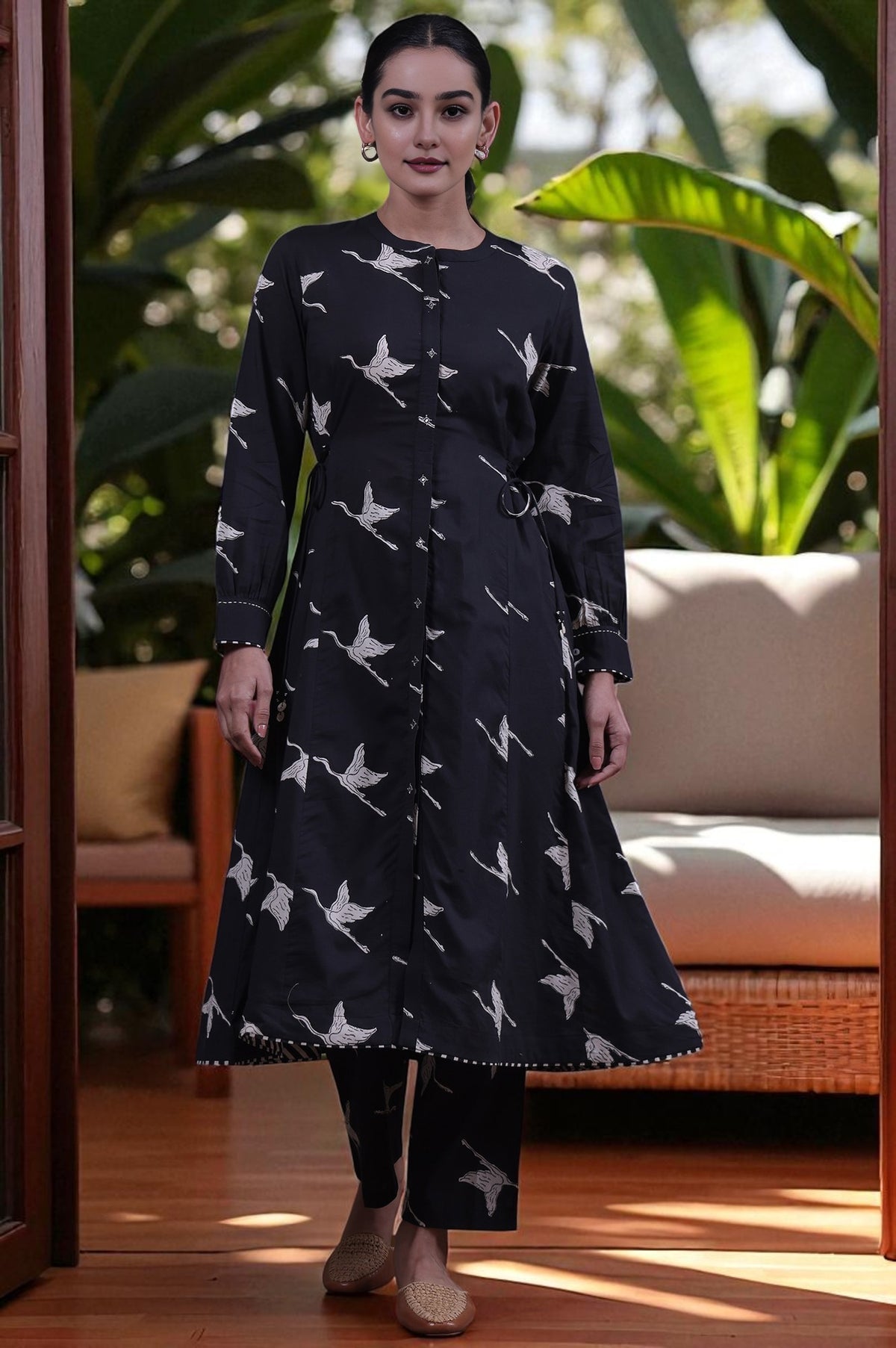 Animal Printed Mirror work A-line Pure Cotton Kurta with Straight Pants Set - XS