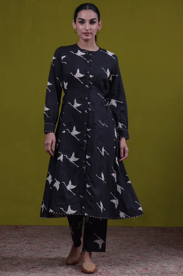 Animal Printed Mirror work A-line Pure Cotton Kurta with Straight Pants Set