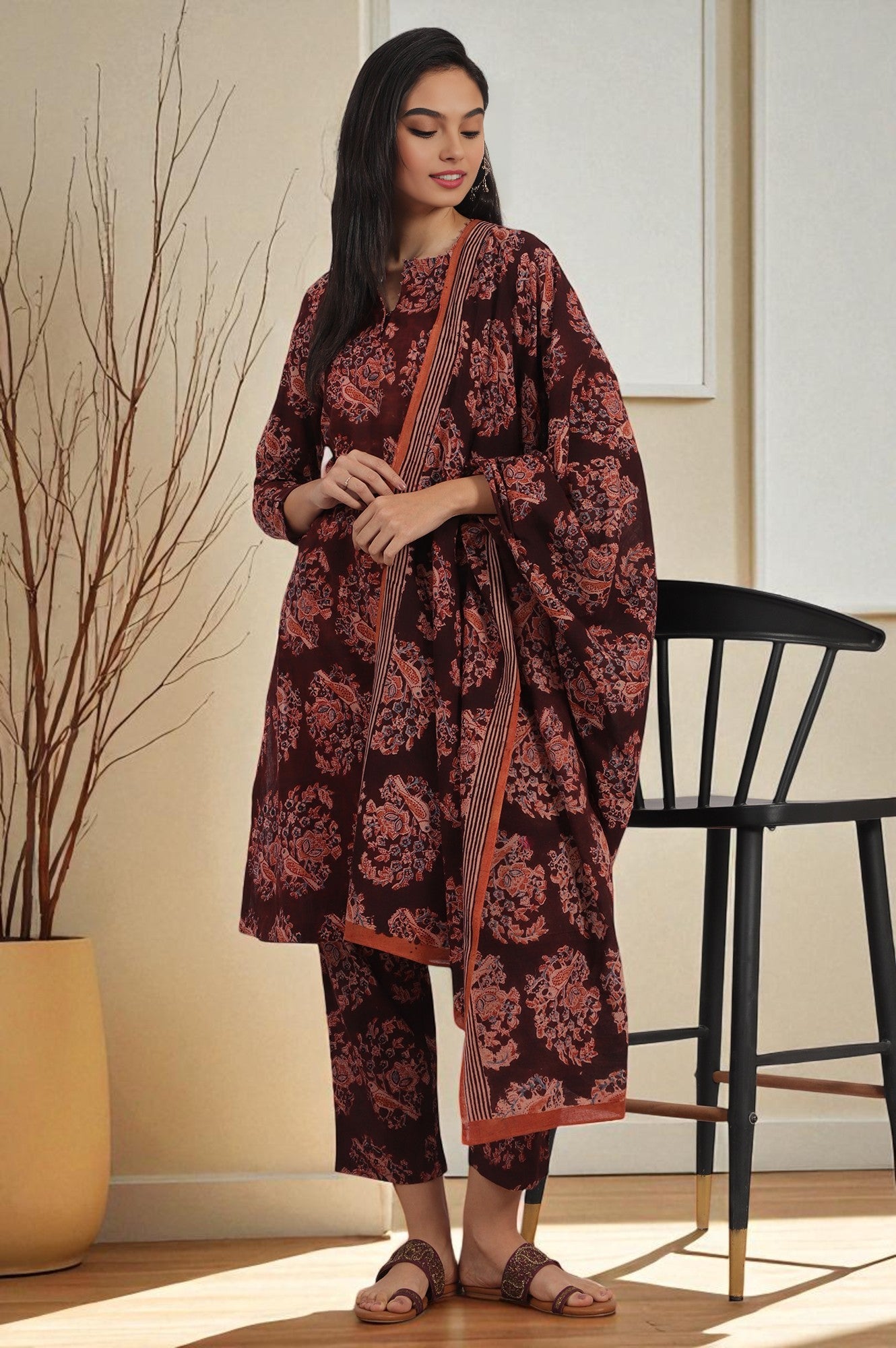 Dark Wine Kalamkari Printed Kurta, Straight Pants and Dupatta Set