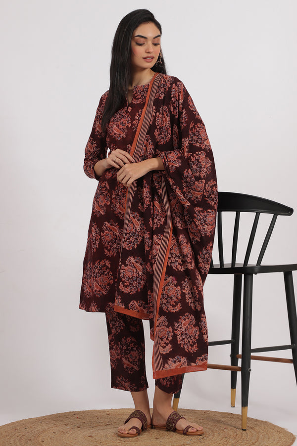 Dark Wine Kalamkari Printed Kurta, Straight Pants and Dupatta Set