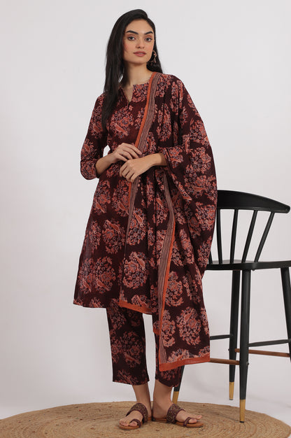 Dark Wine Kalamkari Printed Kurta, Straight Pants and Dupatta Set