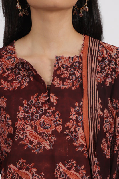 Dark Wine Kalamkari Printed Kurta, Straight Pants and Dupatta Set