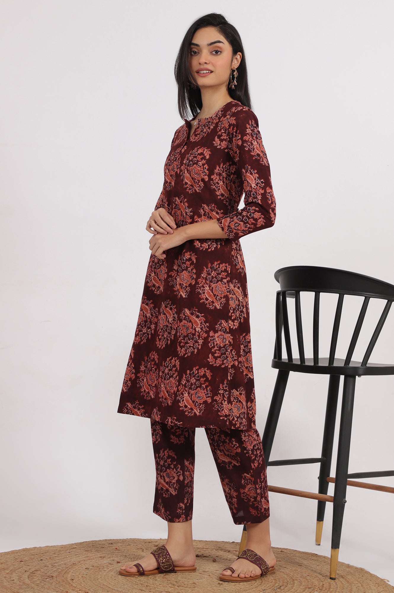 Dark Wine Kalamkari Printed Kurta, Straight Pants and Dupatta Set