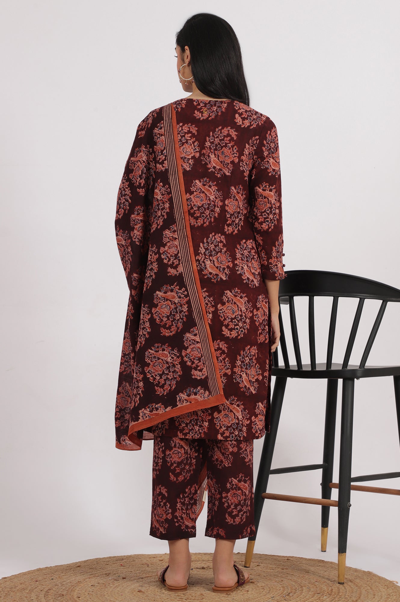 Dark Wine Kalamkari Printed Kurta, Straight Pants and Dupatta Set