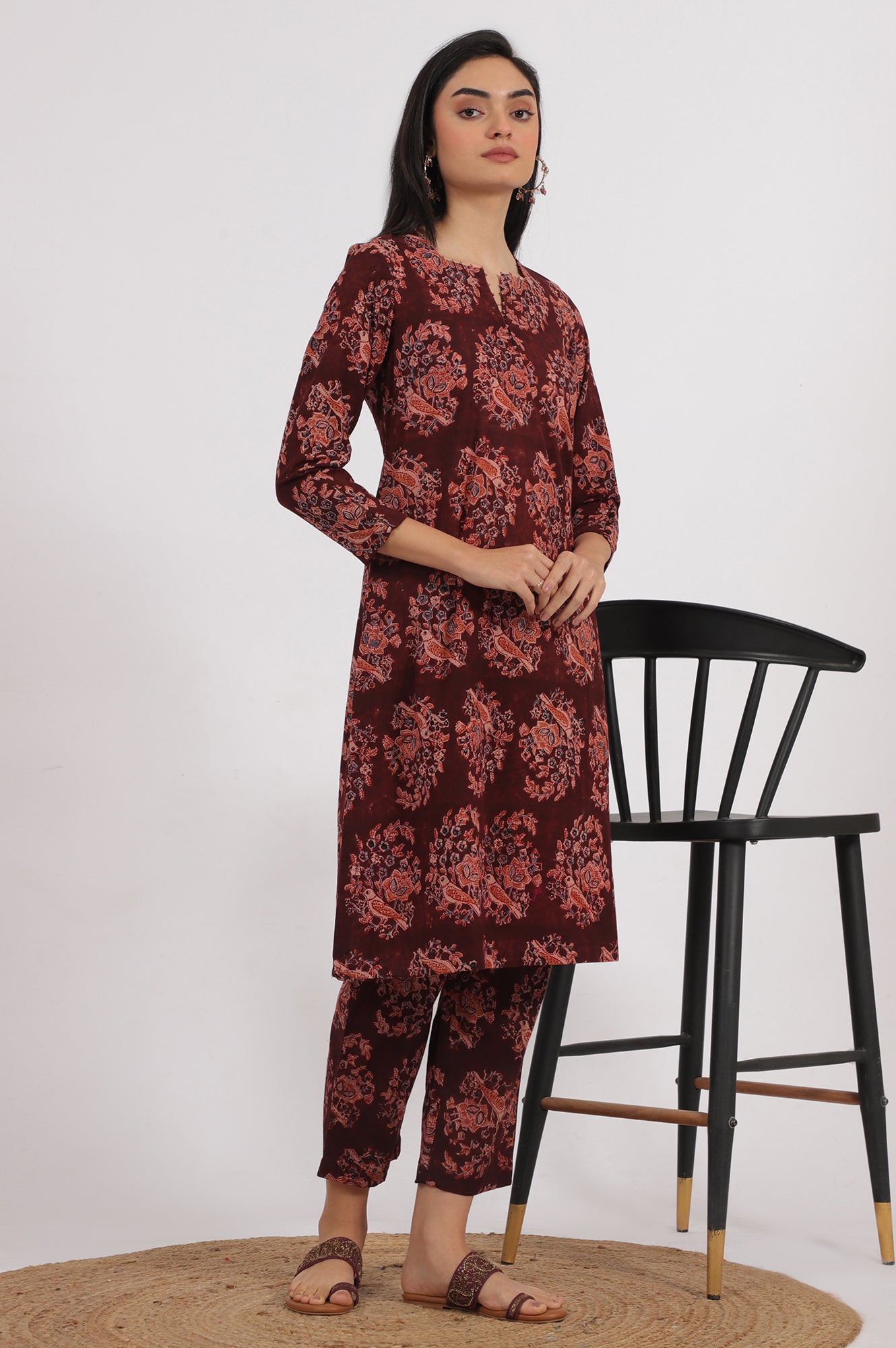Dark Wine Kalamkari Printed Kurta, Straight Pants and Dupatta Set