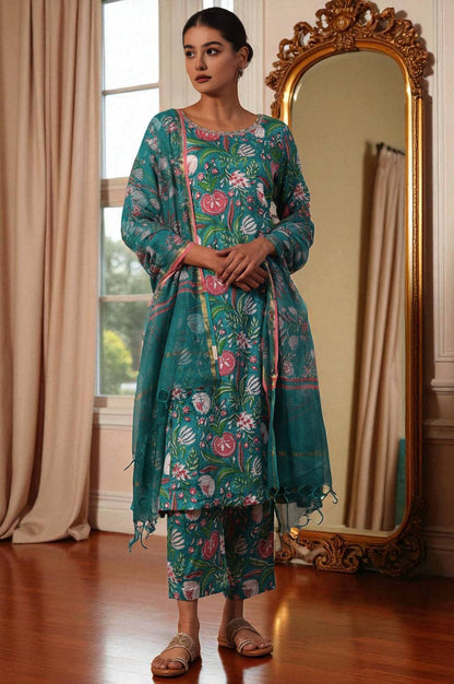 Floral Printed Mirror work A-line Viscose Kurta &amp; Straight Pants with Dupatta Set