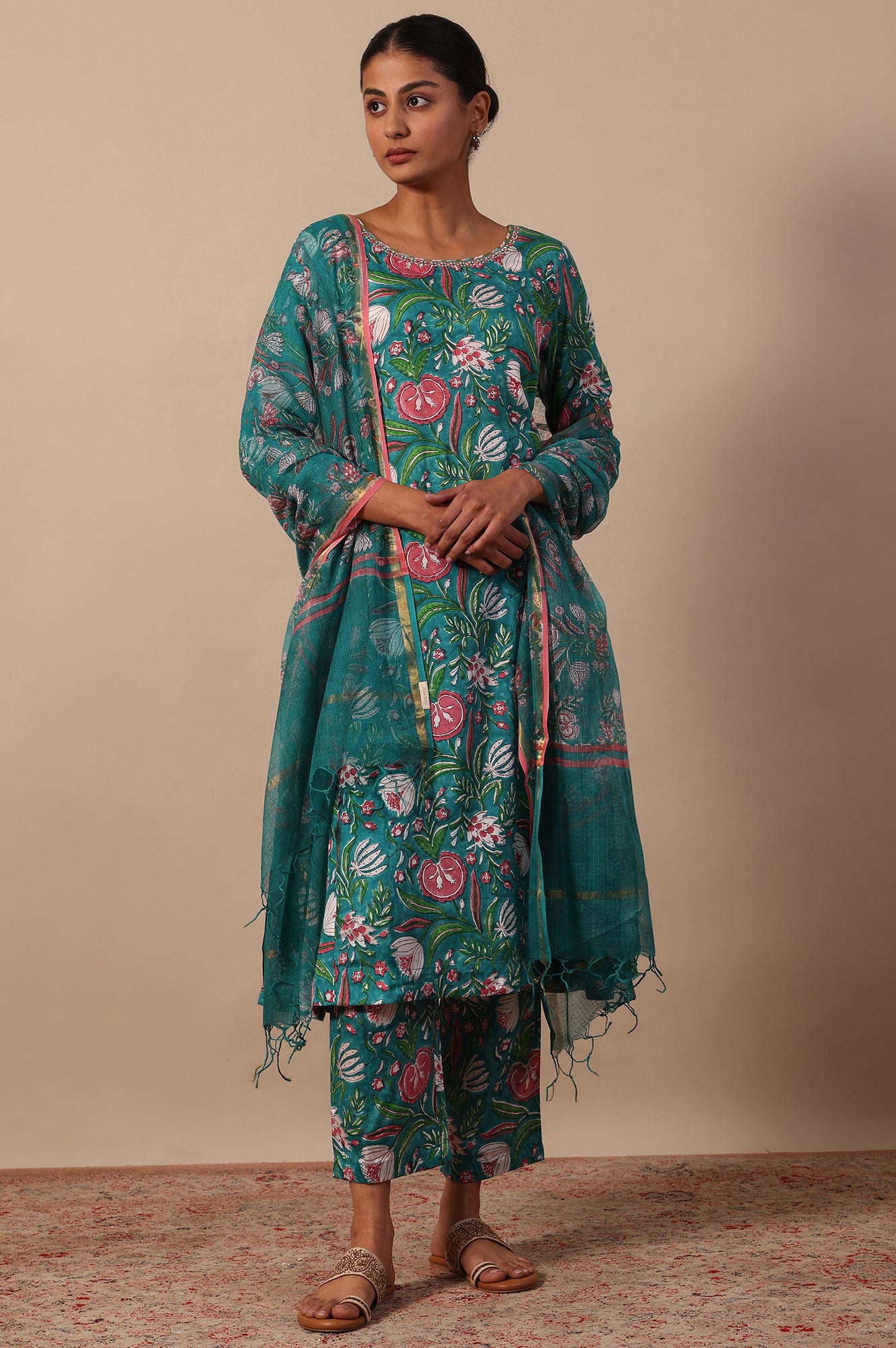 Floral Printed Mirror work A-line Viscose Kurta &amp; Straight Pants with Dupatta Set