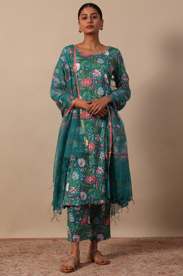 Floral Printed Mirror work A-line Viscose Kurta & Straight Pants with Dupatta Set