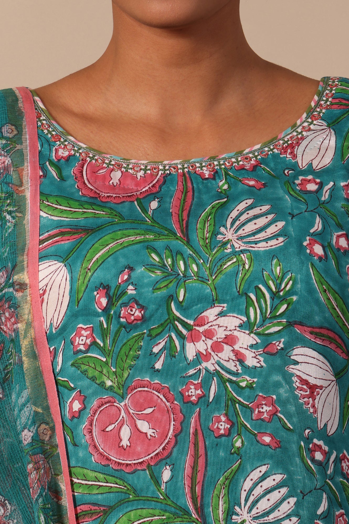 Floral Printed Mirror work A-line Viscose Kurta &amp; Straight Pants with Dupatta Set