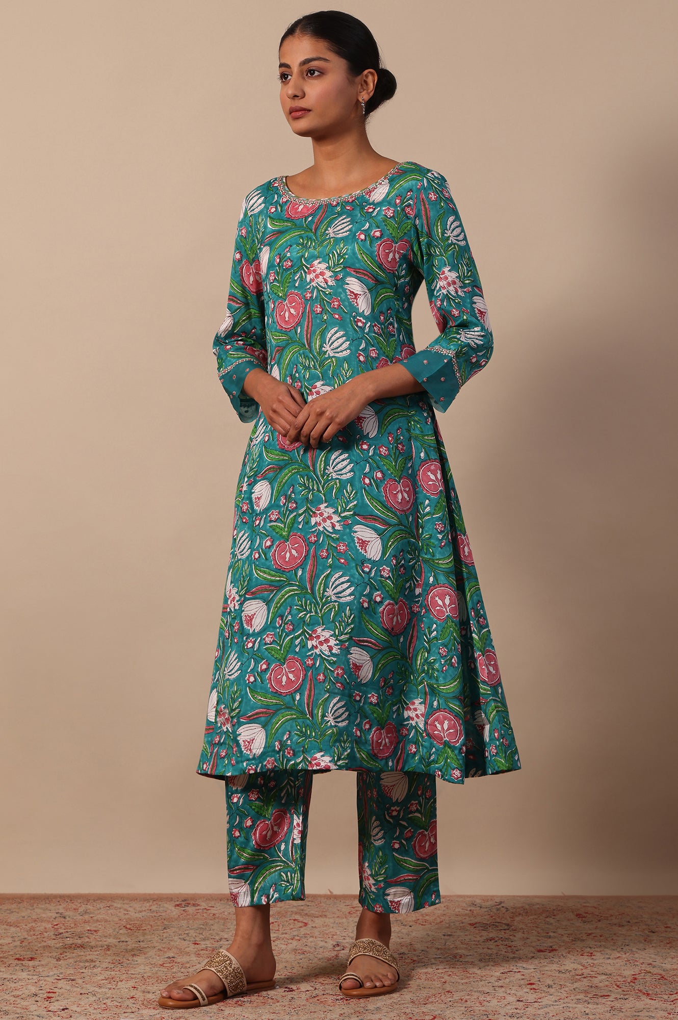 Floral Printed Mirror work A-line Viscose Kurta &amp; Straight Pants with Dupatta Set