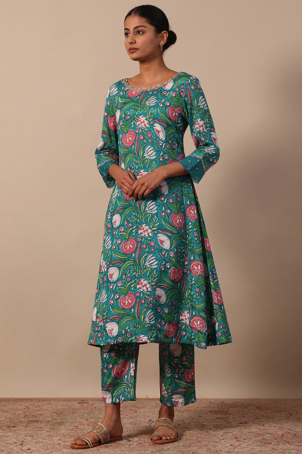 Floral Printed Mirror work A-line Viscose Kurta & Straight Pants with Dupatta Set