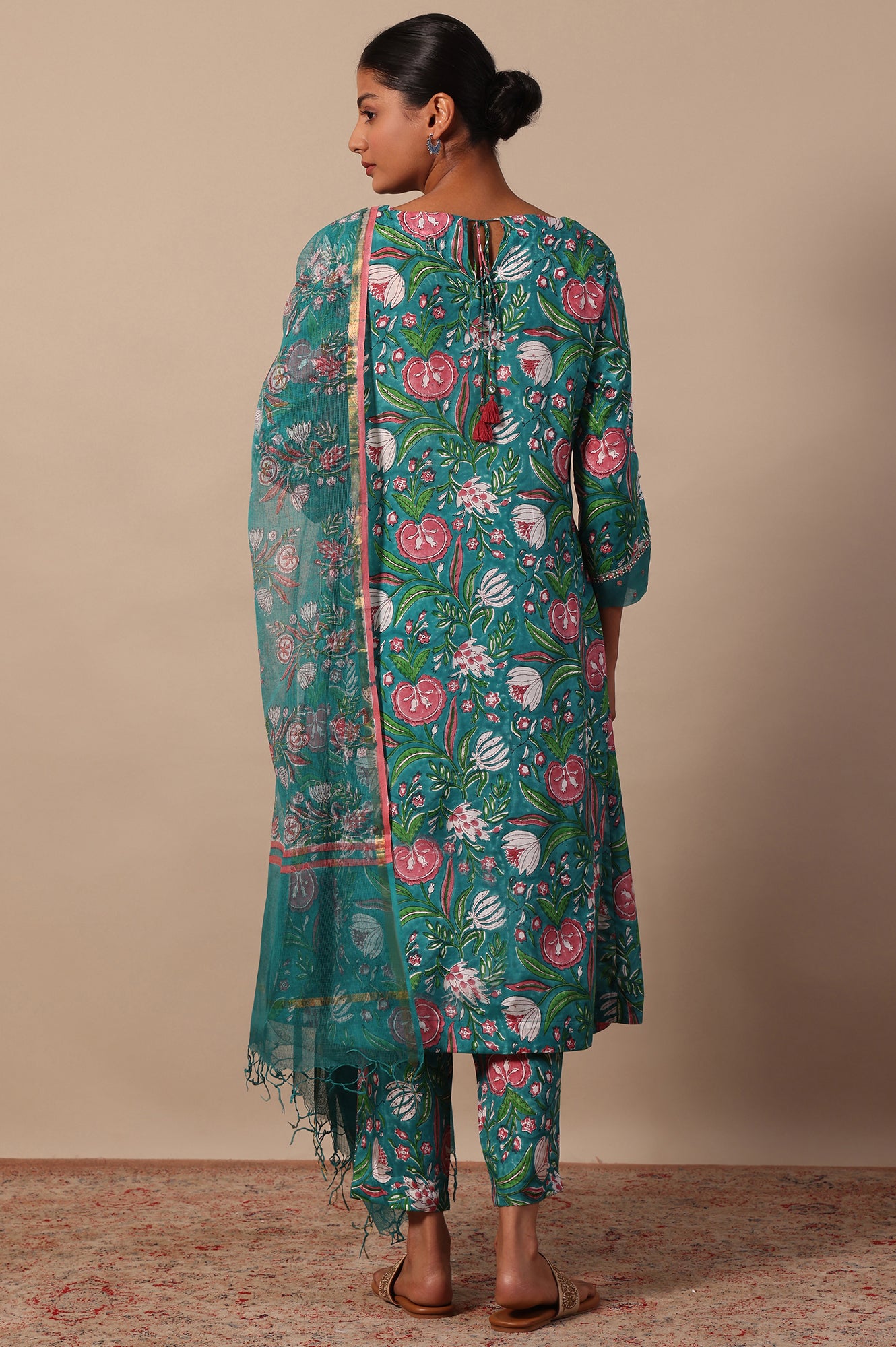 Floral Printed Mirror work A-line Viscose Kurta &amp; Straight Pants with Dupatta Set