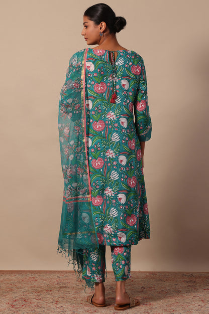 Floral Printed Mirror work A-line Viscose Kurta &amp; Straight Pants with Dupatta Set