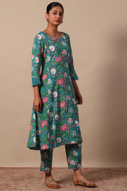 Floral Printed Mirror work A-line Viscose Kurta &amp; Straight Pants with Dupatta Set