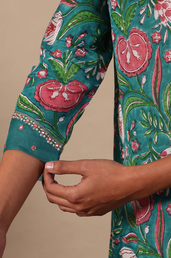 Floral Printed Mirror work A-line Viscose Kurta & Straight Pants with Dupatta Set