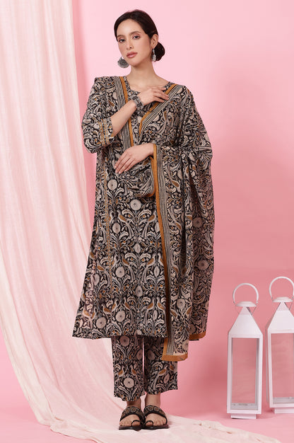 Dark Espresso Kalamkari Printed Kurta, Pants and Dupatta Set