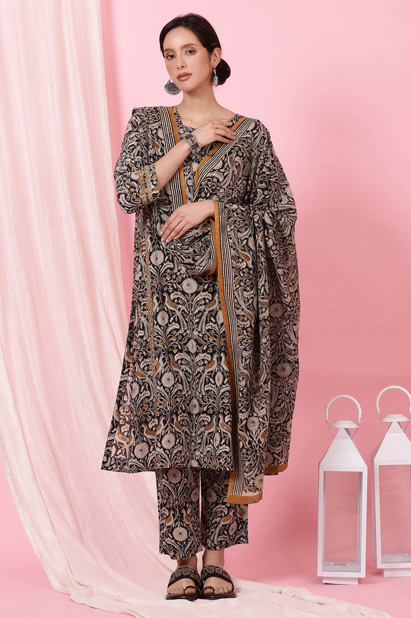 Dark Espresso Kalamkari Printed Kurta, Pants and Dupatta Set