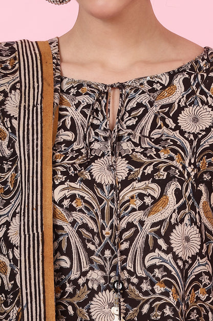 Dark Espresso Kalamkari Printed Kurta, Pants and Dupatta Set