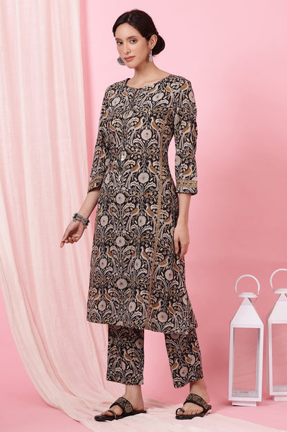 Dark Espresso Kalamkari Printed Kurta, Pants and Dupatta Set