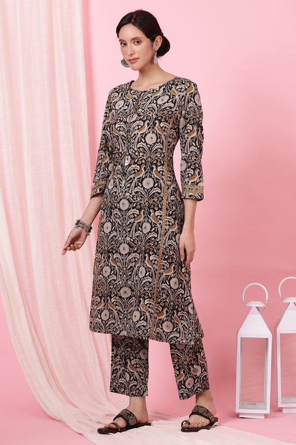 Dark Espresso Kalamkari Printed Kurta, Pants and Dupatta Set