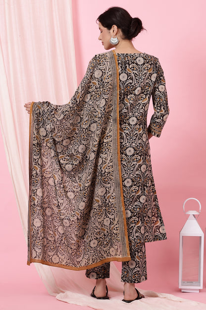 Dark Espresso Kalamkari Printed Kurta, Pants and Dupatta Set
