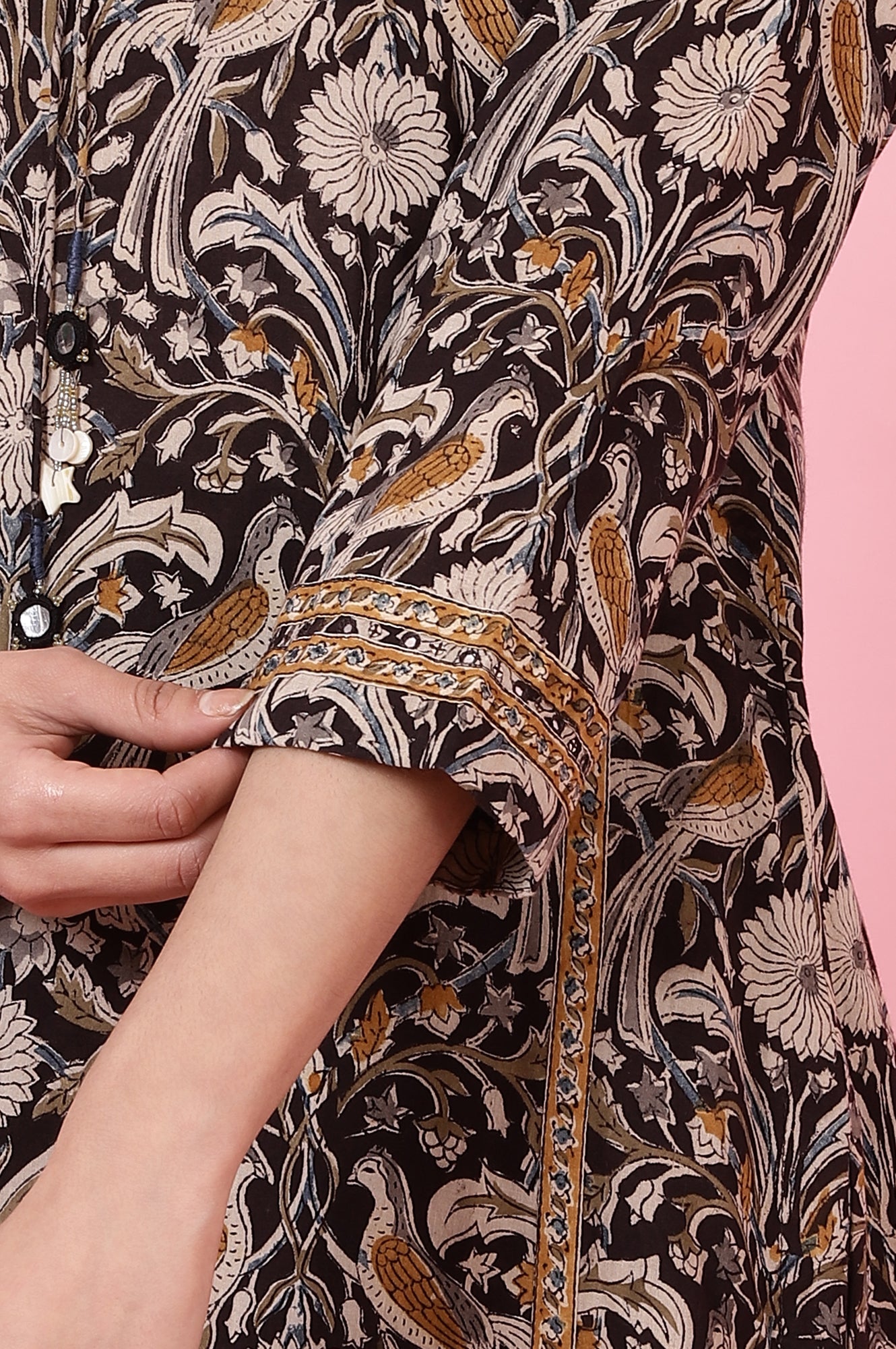 Dark Espresso Kalamkari Printed Kurta, Pants and Dupatta Set