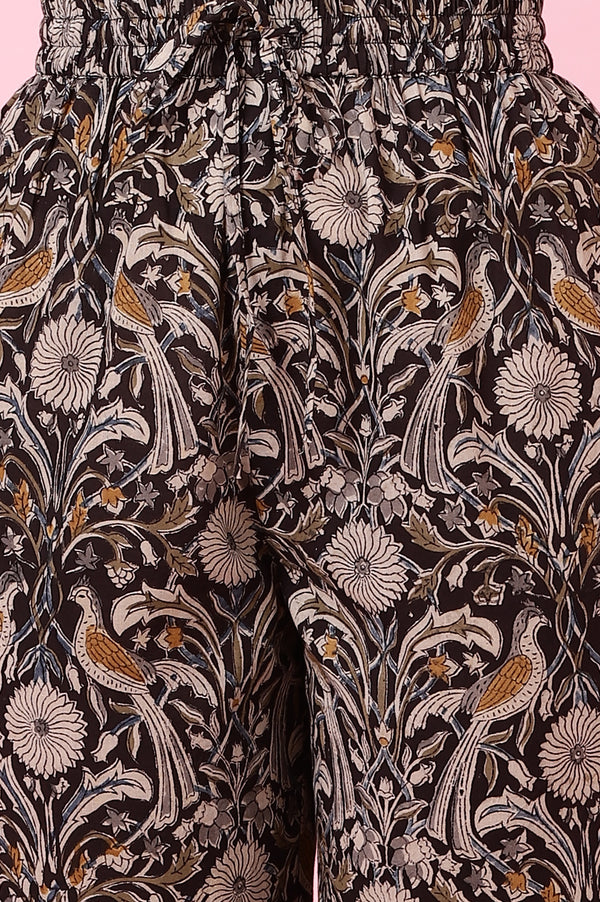 Dark Espresso Kalamkari Printed Kurta, Pants and Dupatta Set