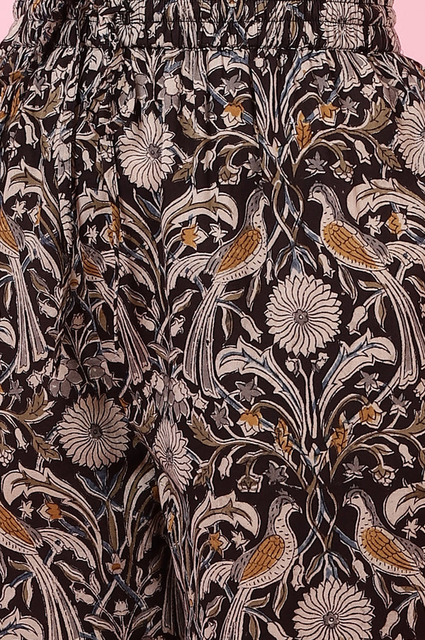 Dark Espresso Kalamkari Printed Kurta, Pants and Dupatta Set