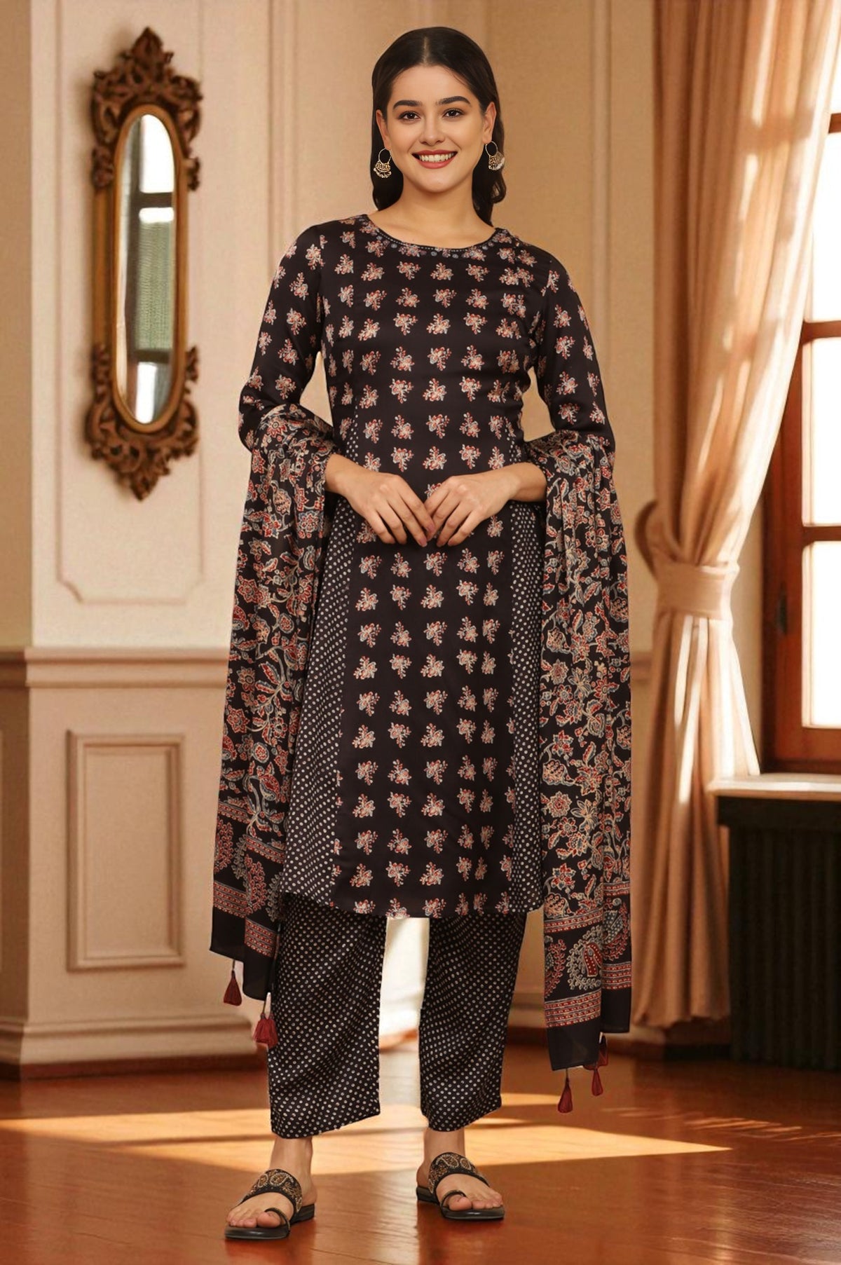Black Ajrakh Printed Flared Kurta, Straight Pants and Dupatta Set in Modal Satin - XS