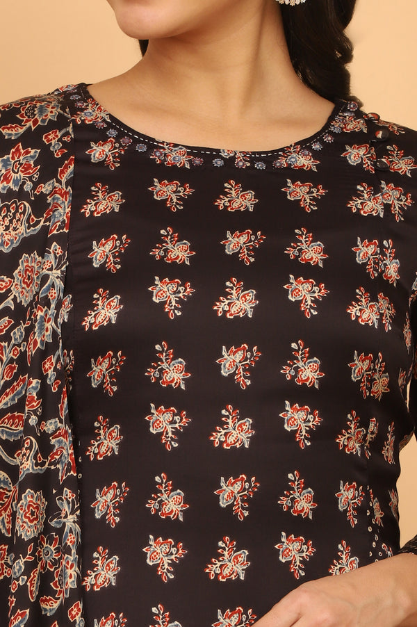 Black Ajrakh Printed Flared Kurta, Straight Pants and Dupatta Set in Modal Satin