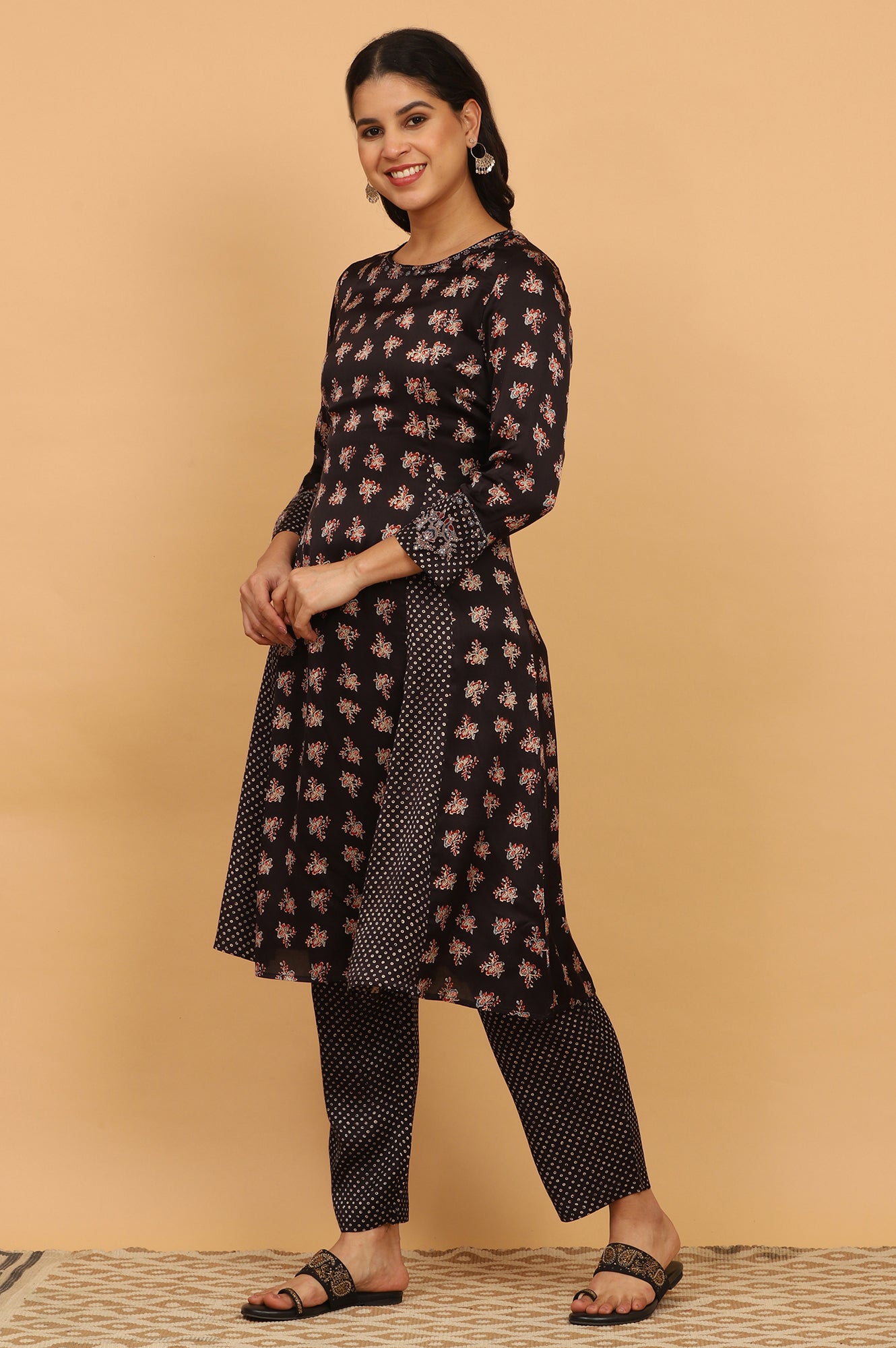 Black Ajrakh Printed Flared Kurta, Straight Pants and Dupatta Set in Modal Satin