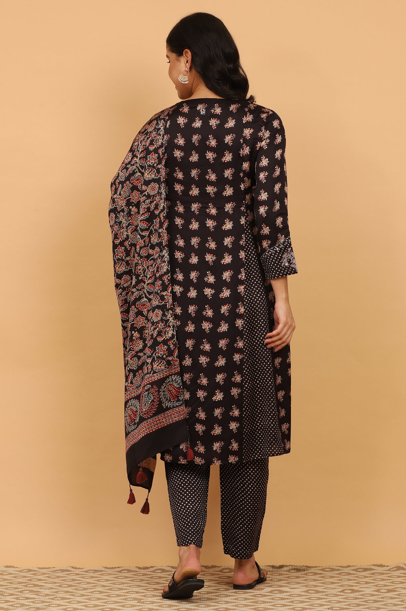 Black Ajrakh Printed Flared Kurta, Straight Pants and Dupatta Set in Modal Satin