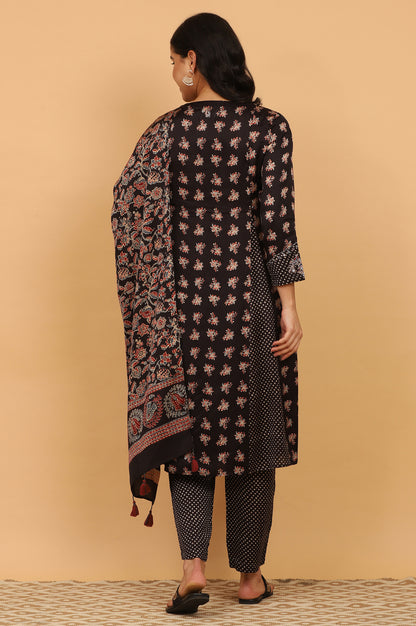 Black Ajrakh Printed Flared Kurta, Straight Pants and Dupatta Set in Modal Satin