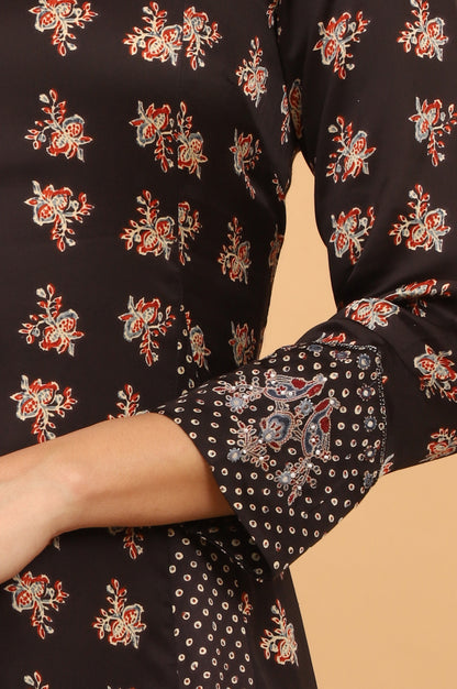 Black Ajrakh Printed Flared Kurta, Straight Pants and Dupatta Set in Modal Satin
