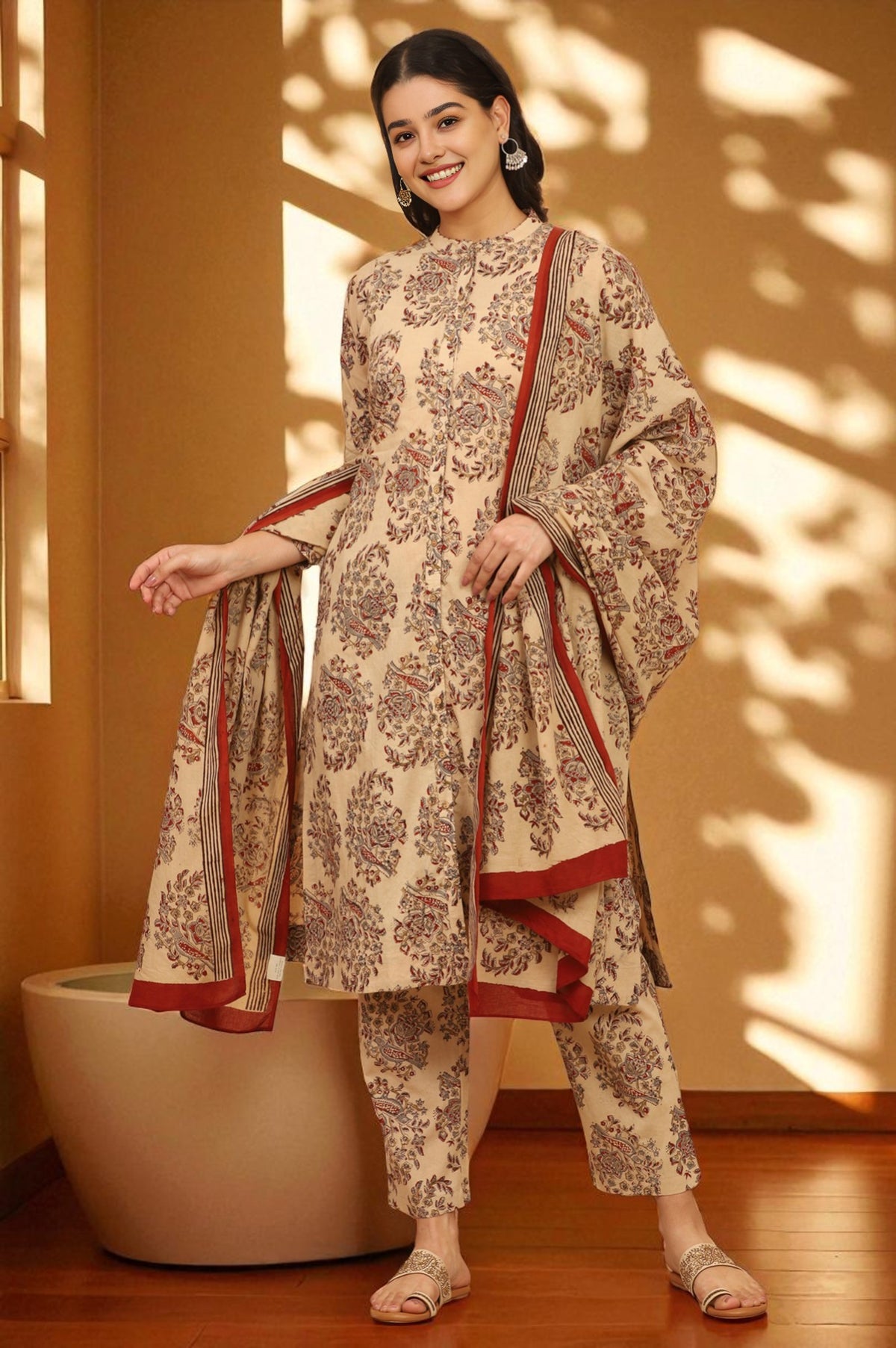 Beige Kalamkari Printed Cotton Kurta, Pants with Dupatta Set - XS