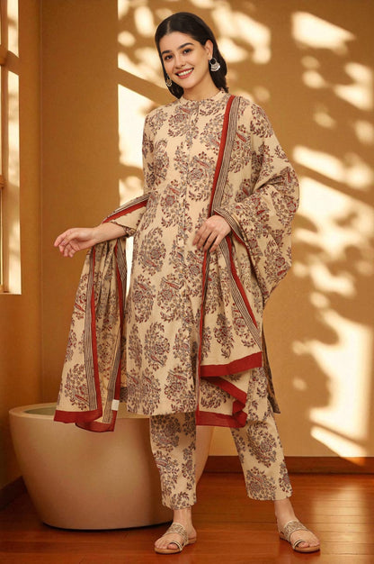 Beige Kalamkari Printed Cotton Kurta, Pants with Dupatta Set