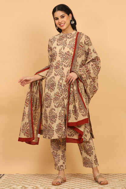Beige Kalamkari Printed Cotton Kurta, Pants with Dupatta Set
