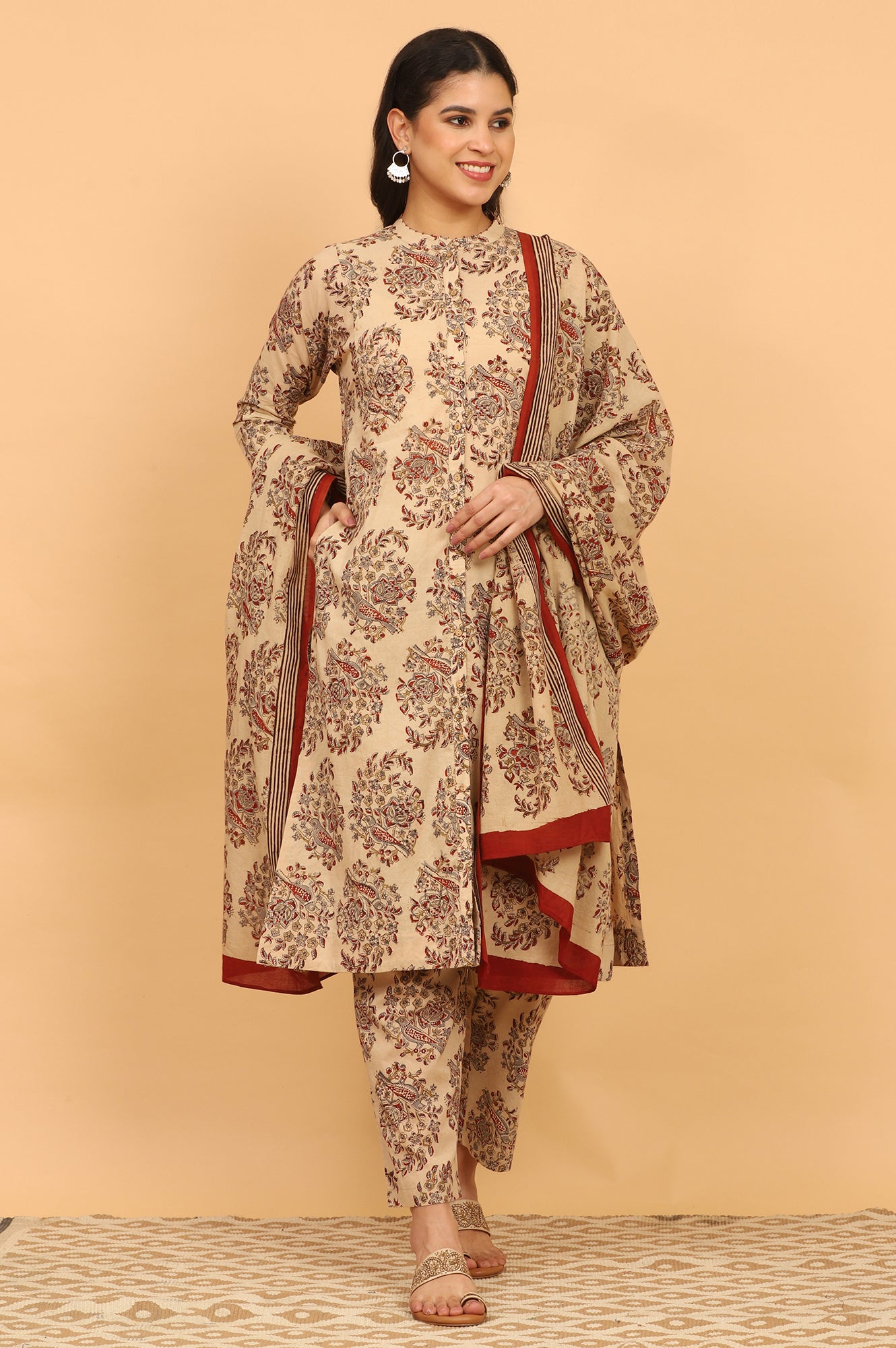Beige Kalamkari Printed Cotton Kurta, Pants with Dupatta Set