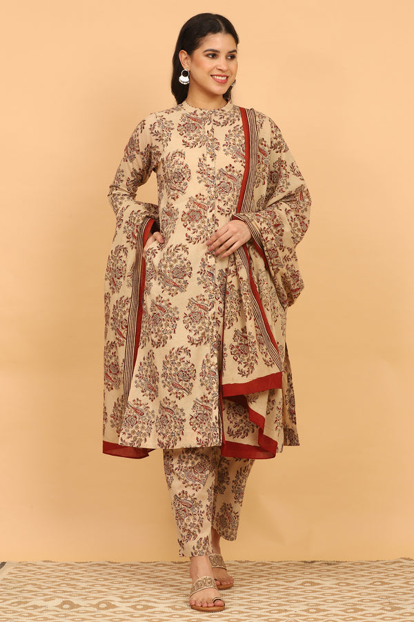 Beige Kalamkari Printed Cotton Kurta, Pants with Dupatta Set
