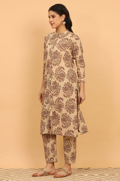 Beige Kalamkari Printed Cotton Kurta, Pants with Dupatta Set