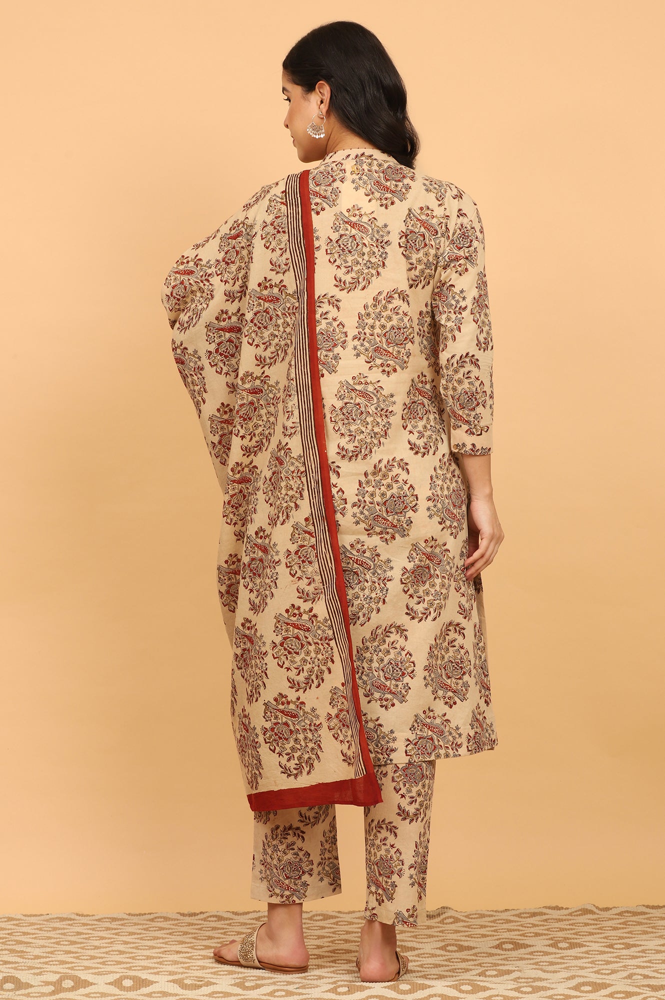 Beige Kalamkari Printed Cotton Kurta, Pants with Dupatta Set