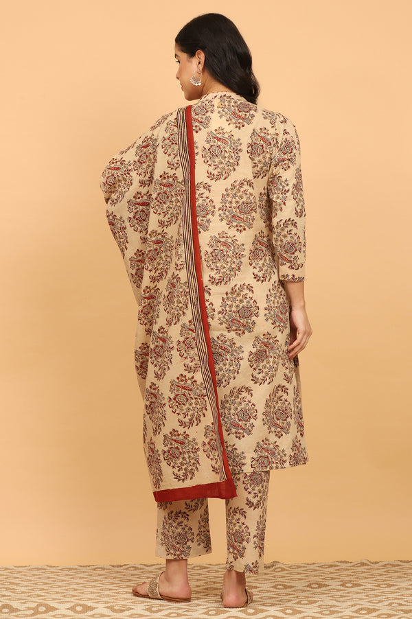 Beige Kalamkari Printed Cotton Kurta, Pants with Dupatta Set