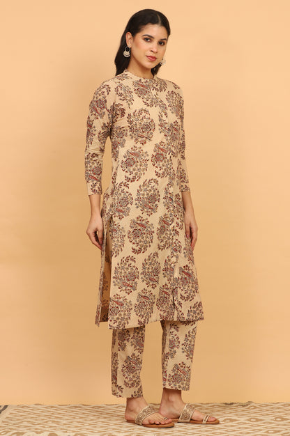 Beige Kalamkari Printed Cotton Kurta, Pants with Dupatta Set