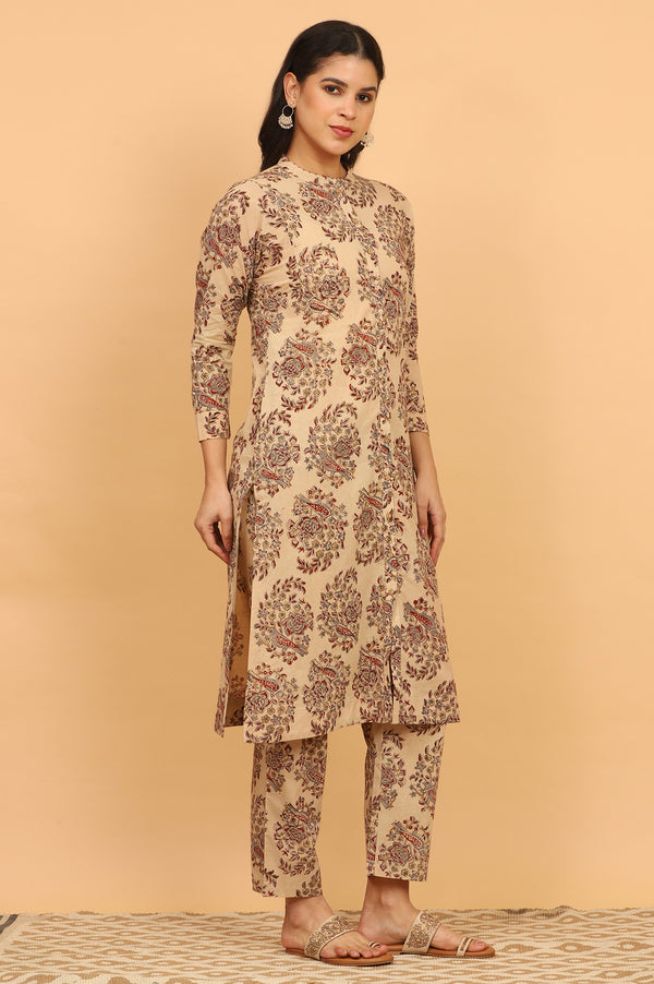 Beige Kalamkari Printed Cotton Kurta, Pants with Dupatta Set