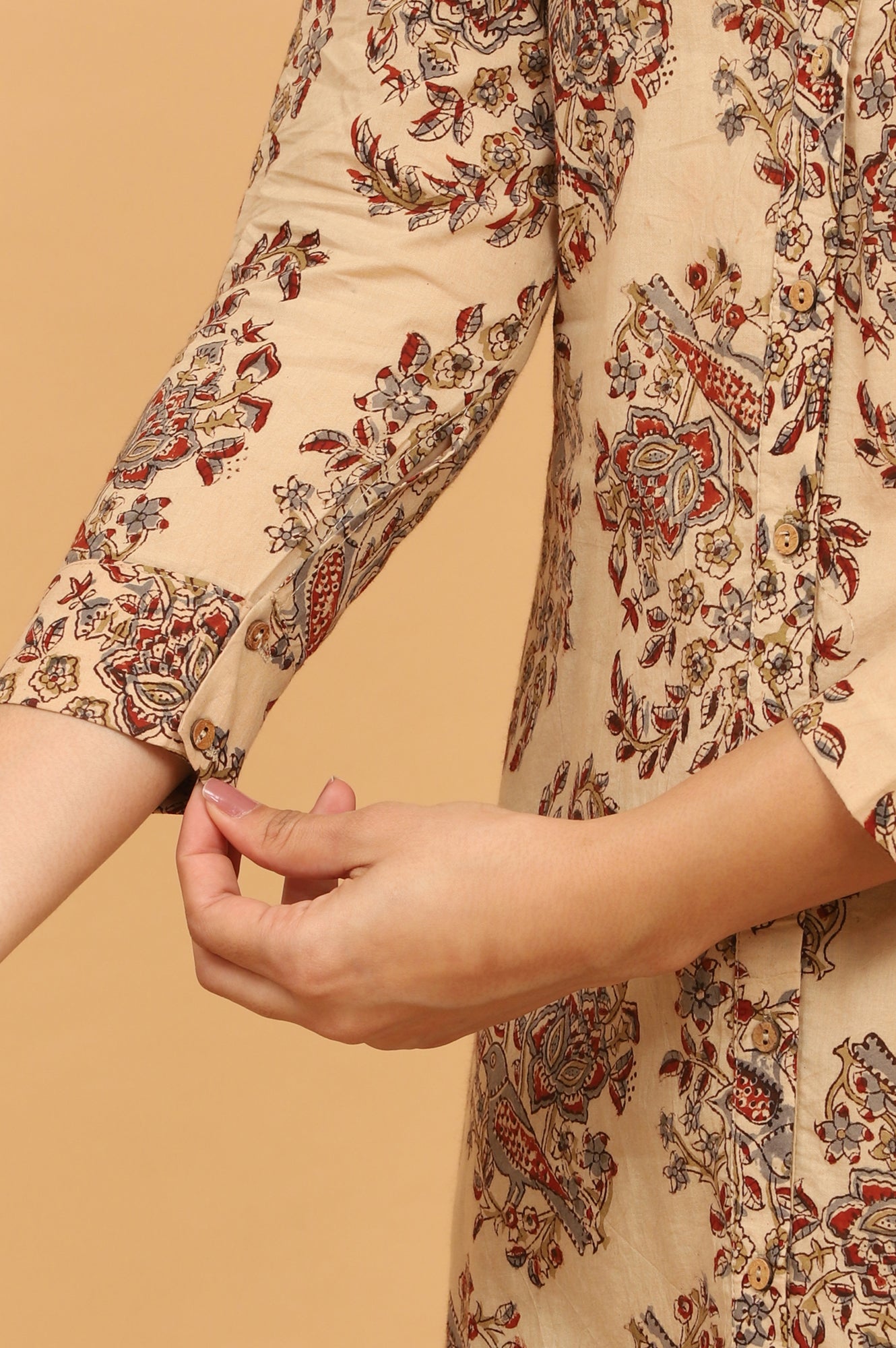 Beige Kalamkari Printed Cotton Kurta, Pants with Dupatta Set