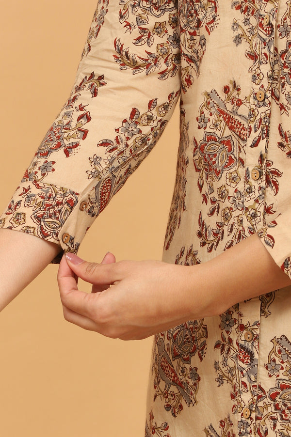 Beige Kalamkari Printed Cotton Kurta, Pants with Dupatta Set