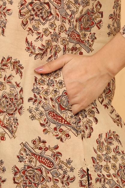 Beige Kalamkari Printed Cotton Kurta, Pants with Dupatta Set