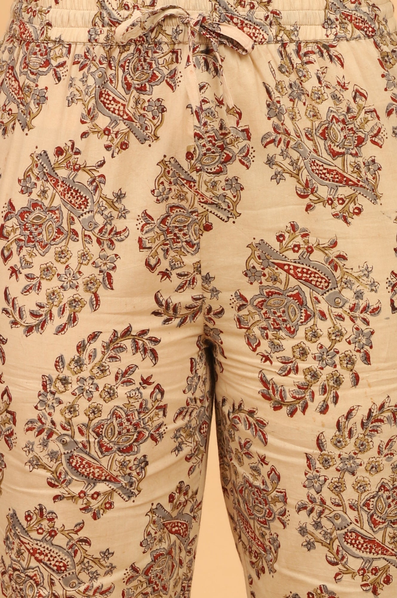 Beige Kalamkari Printed Cotton Kurta, Pants with Dupatta Set
