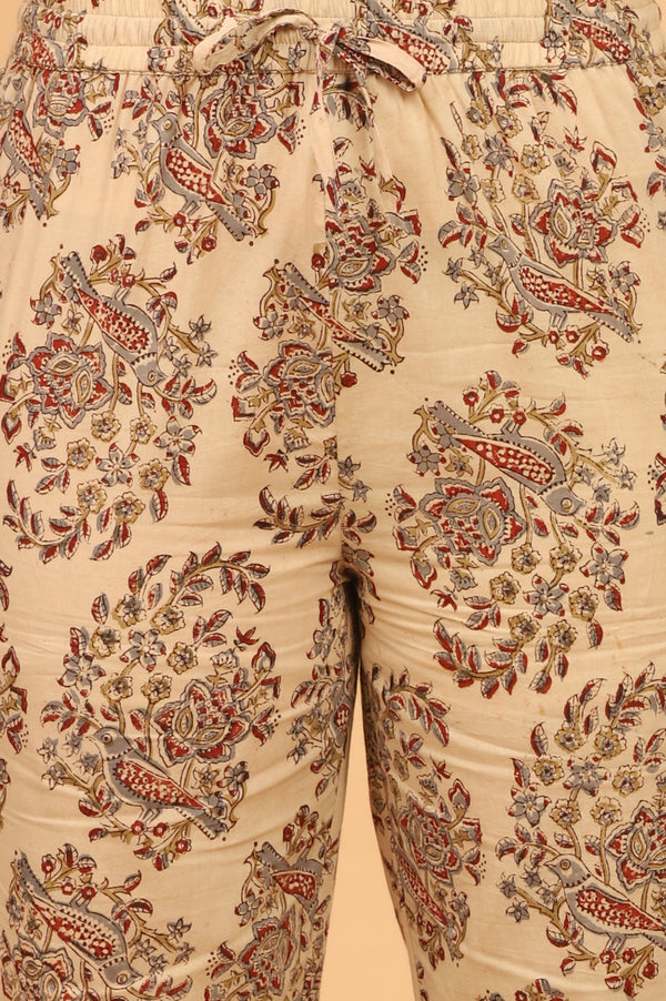 Beige Kalamkari Printed Cotton Kurta, Pants with Dupatta Set
